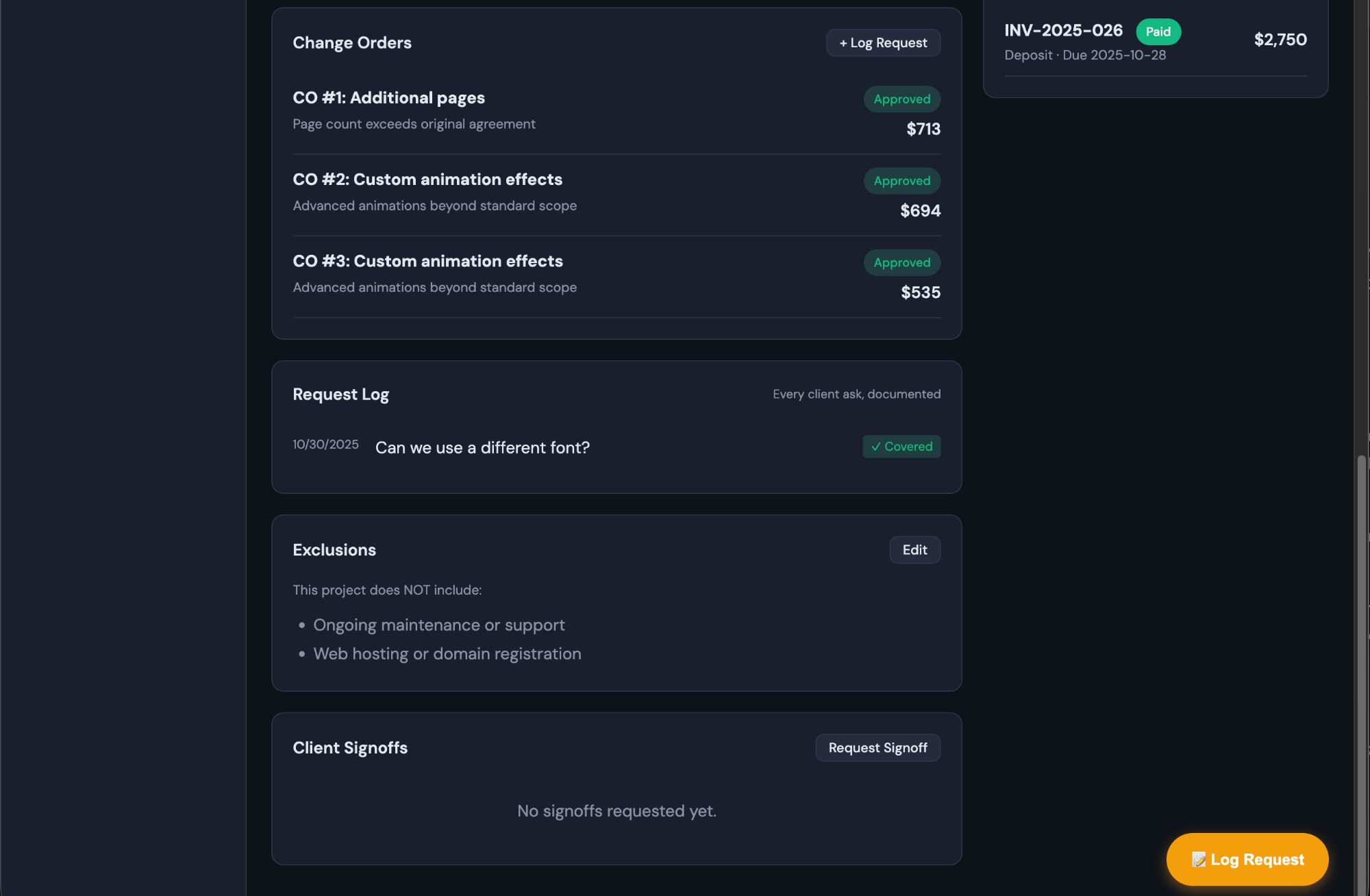 Change Orders and Request Log